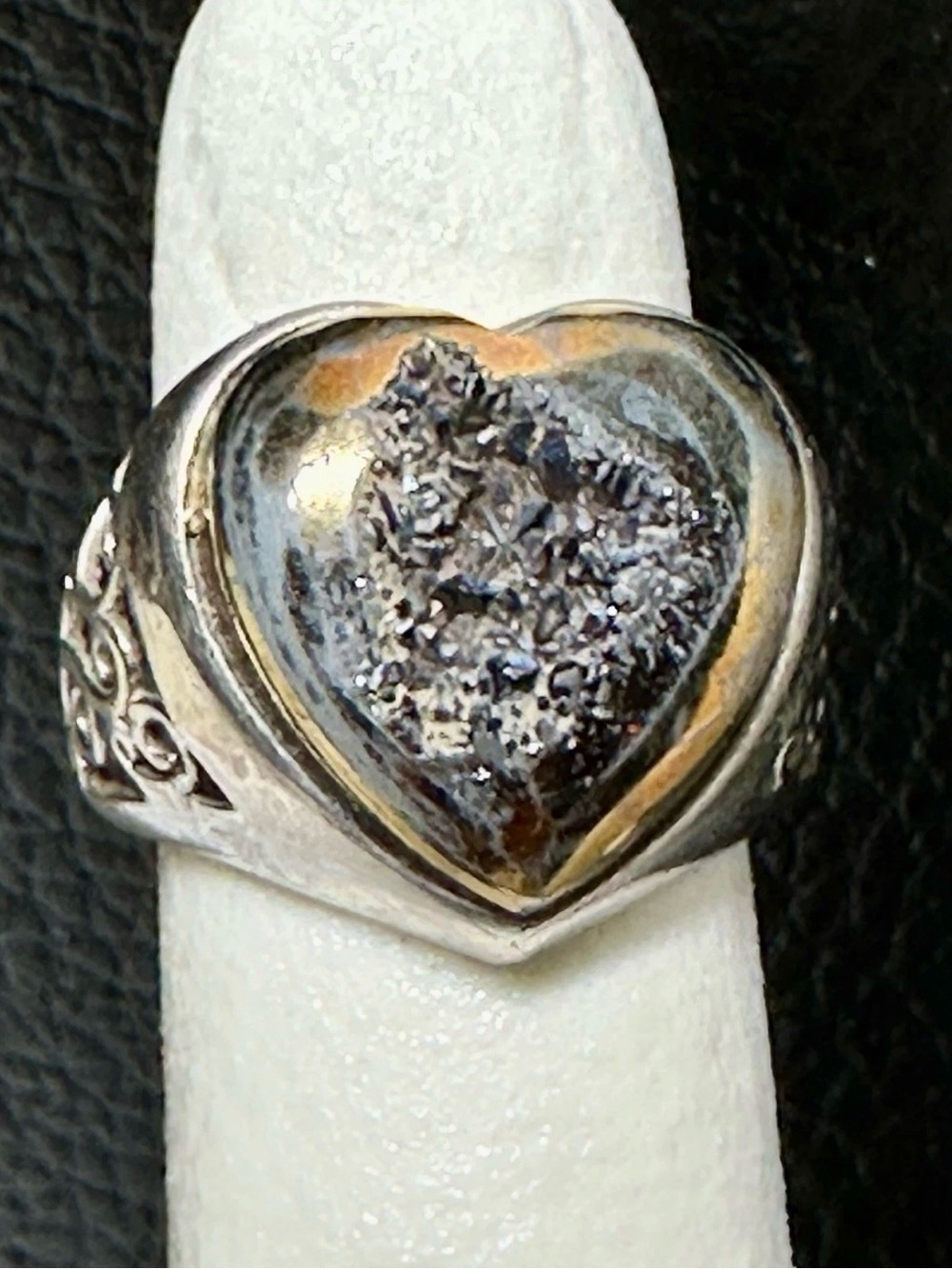 925 Sterling Silver Platinum Window Druzy Heart Ring Size 5.25 #456